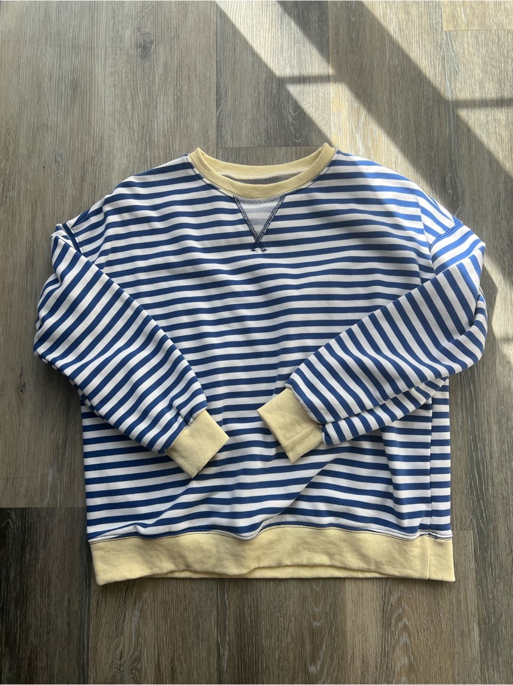 Striped Blue & White Crewneck Sweater with Cream Trim